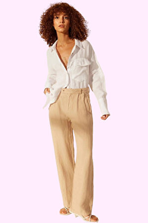 Kadın Keten Dokuma Pantolon Yüksek Bel Wide Leg Günlük Kullanım Yaz Aylarının Vazgeçilmezi