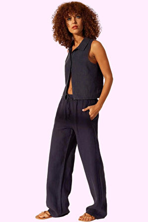 Kadın Keten Dokuma Pantolon Yüksek Bel Geniş Paça Yazlık Rahatlık Yaz Aylarının Vazgeçilmezi