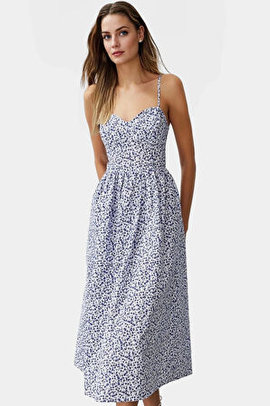 Pamuklu Dokuma Midi Elbise A Kesim Kalp Yaka Çiçekli Desen Yazlık Yüksek Kalite Günlük Kullanım İçin