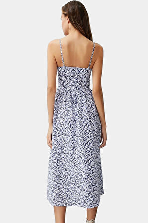 Pamuklu Dokuma Midi Elbise A Kesim Kalp Yaka Çiçekli Desen Yazlık Yüksek Kalite Günlük Kullanım İçin