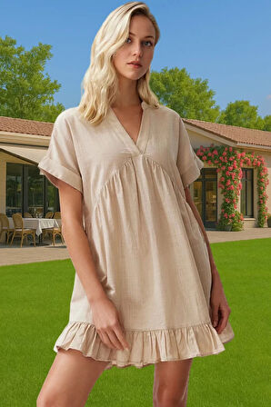 Rahat Pamuklu Mini Flamlı Dokuma V Yaka Plaj Elbisesi Şık Görünüm Trend Tasarım Dayanıklı Malzeme