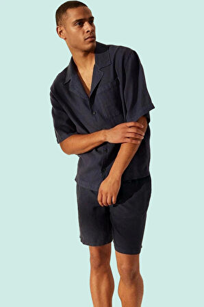 Erkek Keten Kısa Kollu Gömlek Regular Boy Oversize Apaş Yaka Günlük Kullanım İçin Hafta Sonu