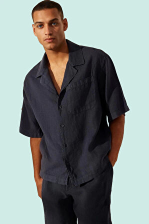 Erkek Keten Kısa Kollu Gömlek Regular Boy Oversize Apaş Yaka Günlük Kullanım İçin Hafta Sonu