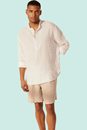 Erkek Keten Basic Gömlek Hakim Yaka Uzun Kollu Rahat Günlük Kullanım Yaz Aylarının Vazgeçilmezi