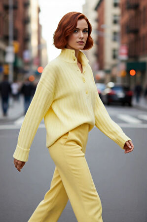 Kadın Dik Yaka Oversize Kalıp Düz Renk Düşük Kol Triko Kazak Soğuk Havalarda Konforlu ve Modern