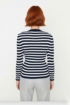 Kadın Çizgili Triko Fitted Uzun Kol Bisiklet Yaka Akrilik Basic Casual Günlük Kazak Kaliteli