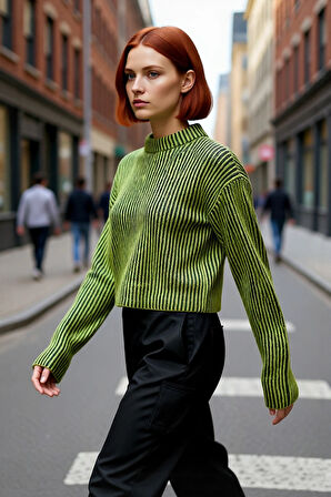 Kadın Uzun Kol Dik Yaka Çizgili Crop Triko Kazak Sonbahar Kış İçin Rahat Şık Giyim Kaliteli