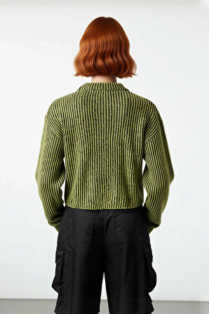 Kadın Uzun Kol Dik Yaka Çizgili Crop Triko Kazak Sonbahar Kış İçin Rahat Şık Giyim Kaliteli