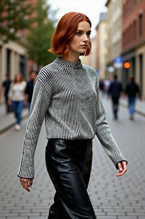 Kadın Uzun Kol Dik Yaka Çizgili Crop Triko Kazak Sonbahar Kış İçin Rahat Şık Giyim Kaliteli