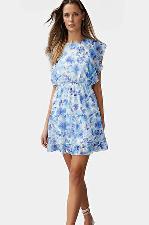 Çiçekli Mini Elbise Şifon Kumaş Fırfır Detay Skater Kalıp Profesyonel Görünüm Özel Tasarım