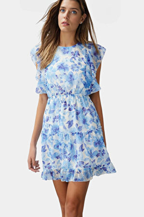 Çiçekli Mini Elbise Şifon Kumaş Fırfır Detay Skater Kalıp Profesyonel Görünüm Özel Tasarım