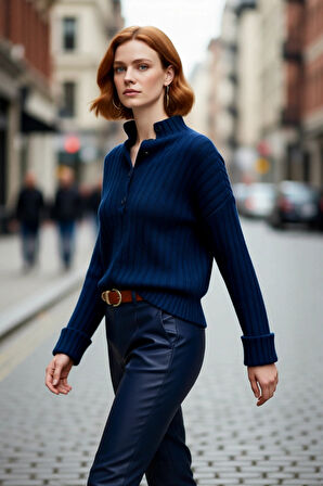 Kadın Dik Yaka Oversize Kalıp Düz Renk Düşük Kol Triko Kazak Soğuk Havalarda Konforlu ve Modern