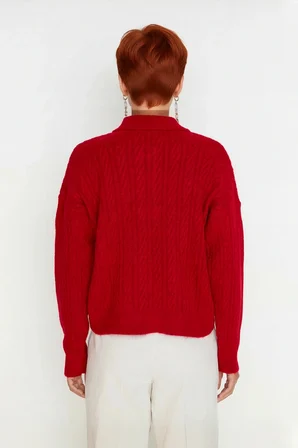Kadın Oversize Triko Polo Yaka Saç Örgü Düşük Kollu Rahat Kışlık Basic Stil Kazak Kaliteli