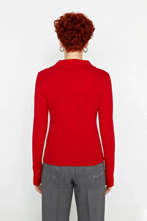 Kadınlara Özel Basic Regular Kesim Polo Yaka Fitilli Triko Kazak Modern ve Konforlu Stil Kaliteli