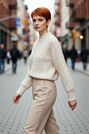 Kadınlara Özel Regular Kesim Saç Örgü Detaylı Triko Kazak Dik Yaka Balon Kol Kışlık Giyim Kaliteli