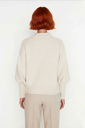 Kadınlara Özel Regular Kesim Saç Örgü Detaylı Triko Kazak Dik Yaka Balon Kol Kışlık Giyim Kaliteli