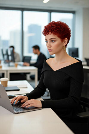 Kadın Şık Devrik Yaka Fitilli Triko Üst Fitted Kesim Uzun Kol Crop Model İlkbahar Sonbahar