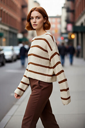 Kadınlara Özel Basic Çizgili Oversize Triko Kazak Bisiklet Yaka Uzun Düşük Kol Kış Şıklığı