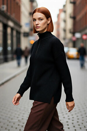 Kadın Oversize Basic Dokulu Uzun Kollu Fermuarlı Dik Yaka Selanik Örgü Triko Kazak Kaliteli