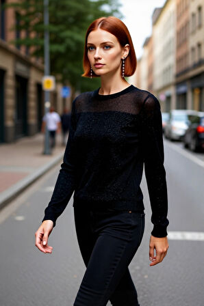 Kadın Fashion Forward İnce Triko Kazak Transparan Renk Bloklu Bisiklet Yaka Bahar Zarafeti