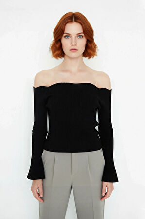 Kadınlar İçin İnce Fitted Carmen Yaka Akrilik Triko Kazak Uzun Kollu Düz Fitilli Tasarım Modelleri