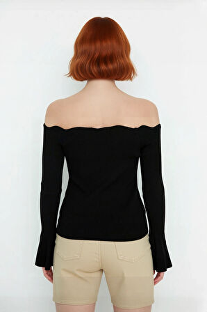 Kadınlar İçin İnce Fitted Carmen Yaka Akrilik Triko Kazak Uzun Kollu Düz Fitilli Tasarım Modelleri