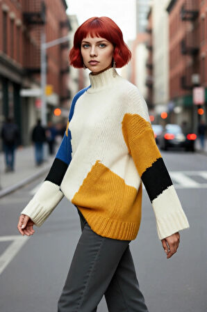 Kadın Şık Dik Yaka Oversize Renk Bloklu Düşük Kol Uzun Triko Kazak Kış Modasına Yeni Bir Soluk
