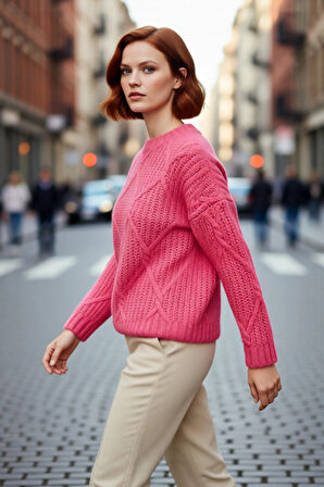 Kadın Kalın Saç Örgülü Oversize Triko Kazak Soğuk Havalar İçin Şık Bisiklet Yaka Standart Kol