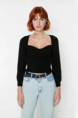 Kadın Kalp Yaka Crop Triko Kazak Regular Kalıp Uzun Kollu Fitilli Akrilik Günlük Şık Giyim