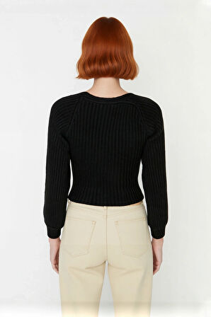 Kadın Kalp Yaka Crop Triko Kazak Regular Kalıp Uzun Kollu Fitilli Akrilik Günlük Şık Giyim