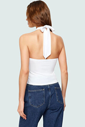 Kadın Yazlık Örme Bluz Boyundan Bağlamalı Fitted Kalıp %100 Pamuk Rahat Ve Şık