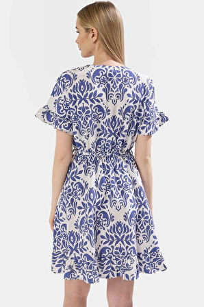 Şal Desenli V Yaka Mini Elbise Rahat Nefes Alabilir Viskoz Kumaş Skater Kalıp Özel Tasarım