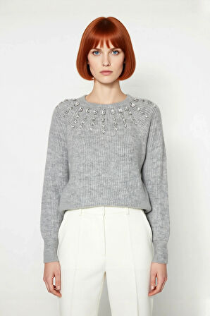 Kadın Bisiklet Yaka Taş Detaylı Yumuşak Dokulu Regular Kalıp Kışlık Triko Kazak Gündüzden Geceye