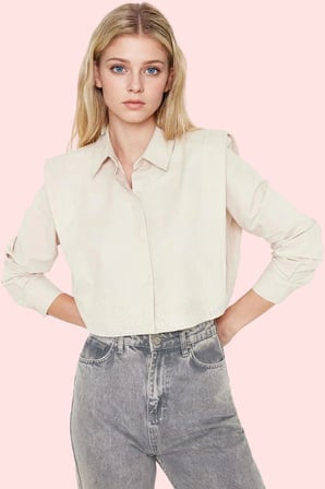 Kadın Terrycotton Dokuma Crop Gömlek Yaka Düz Desen Günlük ve Şık Kombinler İçin Hafta Sonu