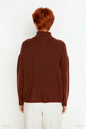 Kadın Oversize Basic Dokulu Uzun Kollu Fermuarlı Dik Yaka Selanik Örgü Triko Kazak Kaliteli