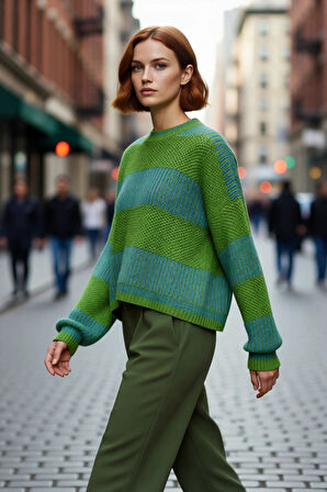 Kadın Rahat Kalıp Düşük Kol Bisiklet Yaka Renk Bloklu Akrilik Triko Kazak Günlük Kullanım Şıklığı.