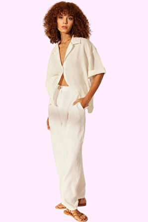 Kadın Keten Geniş Paça Pantolon Yüksek Bel Dokuma Kumaş Günlük Hafta Sonu Kaliteli Malzeme