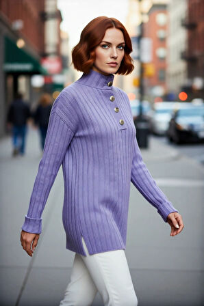 Kadın Casual Ekru Yarım Patlı Düşük Kol Fitilli Triko Kazak Soğuk Havaların Favorisi Kaliteli