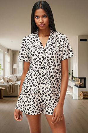 Yazlık Rahat Örme Pijama Takımı; Leopar Desenli Polyester Kumaş Yüksek Kalite Zarifane Tasarım