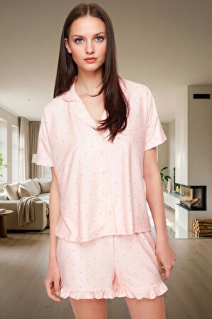 Puantiyeli Fırfırlı Detaylı Regular Kalıp Pijama Takımı Yazlık Konfor Şık Görünüm