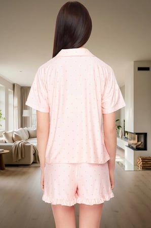 Puantiyeli Fırfırlı Detaylı Regular Kalıp Pijama Takımı Yazlık Konfor Şık Görünüm