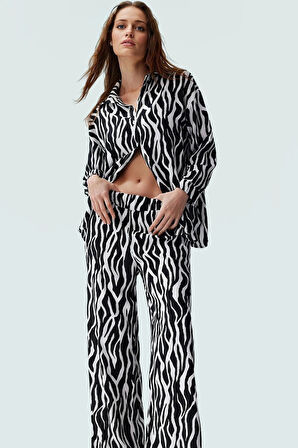 Viskoz Dokuma Takım Elbise Yüksek Bel Geniş Paça Şal Desen Premium Kalite Uzun Ömürlü