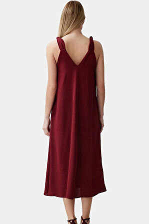 Rahat Kesim Kolsuz V Yaka Midi Elbise Polyester Dokuma Kumaş Premium Kalite