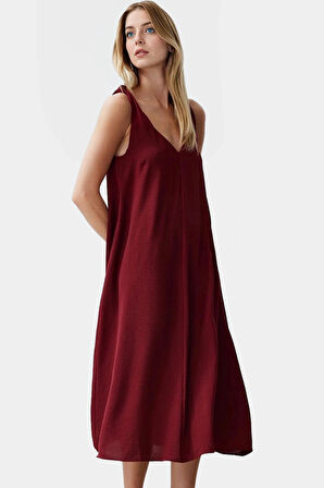 Rahat Kesim Kolsuz V Yaka Midi Elbise Polyester Dokuma Kumaş Premium Kalite