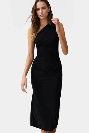 Bodycon Midi Elbise Kolsuz Tek Omuz Örme Kumaş Günlük Şık Dayanıklı Malzeme