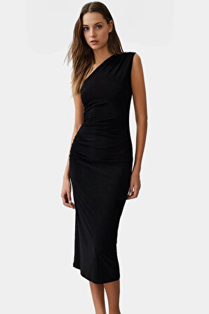 Bodycon Midi Elbise Kolsuz Tek Omuz Örme Kumaş Günlük Şık Dayanıklı Malzeme