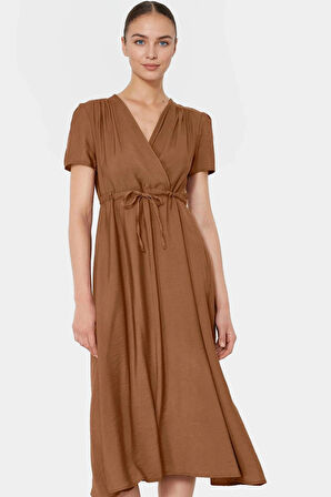 Rahat Kesim Viskoz Karışımlı Dokuma Midi Elbise Günlük Kullanım İçin Ideal Profesyonel Görünüm