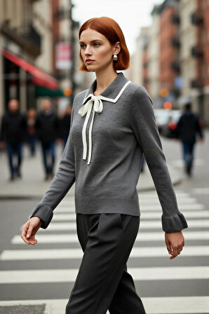 Kadın Polo Yaka Bağcıklı Triko Kazak Renk Bloklu Uzun Kollu Kışlık Ofis Şıklığı İçin Rahat Seçim