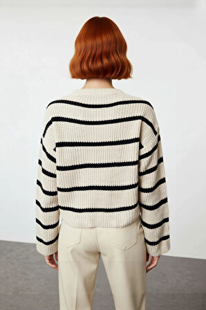 Kadınlara Özel Basic Çizgili Oversize Triko Kazak Bisiklet Yaka Uzun Düşük Kol Kış Şıklığı