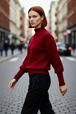 Kadın Dik Yaka Oversize Balon Kol Triko Kazak Kışlık Rahat Şık Günlük Kombinler İçin İdeal